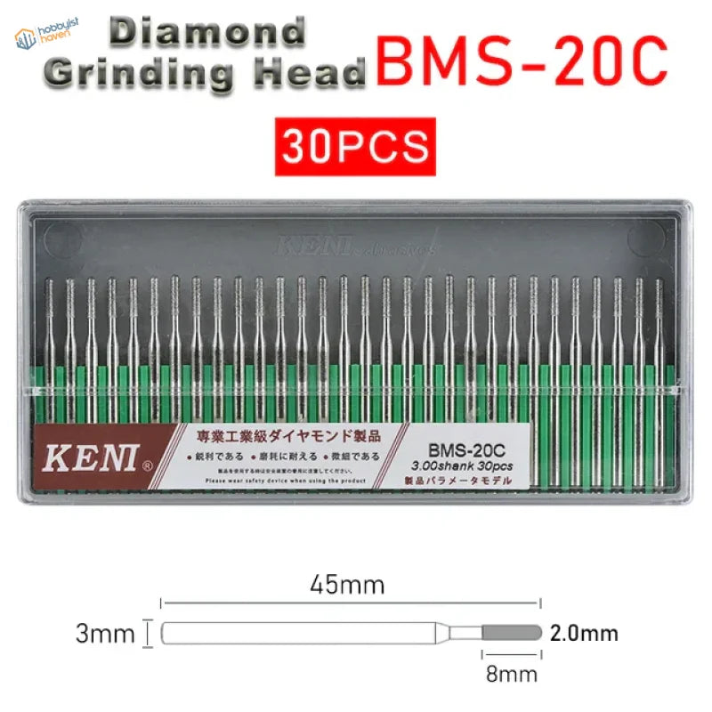30Pcs 3mm shank diamond grinding heads BMS-20C in black case