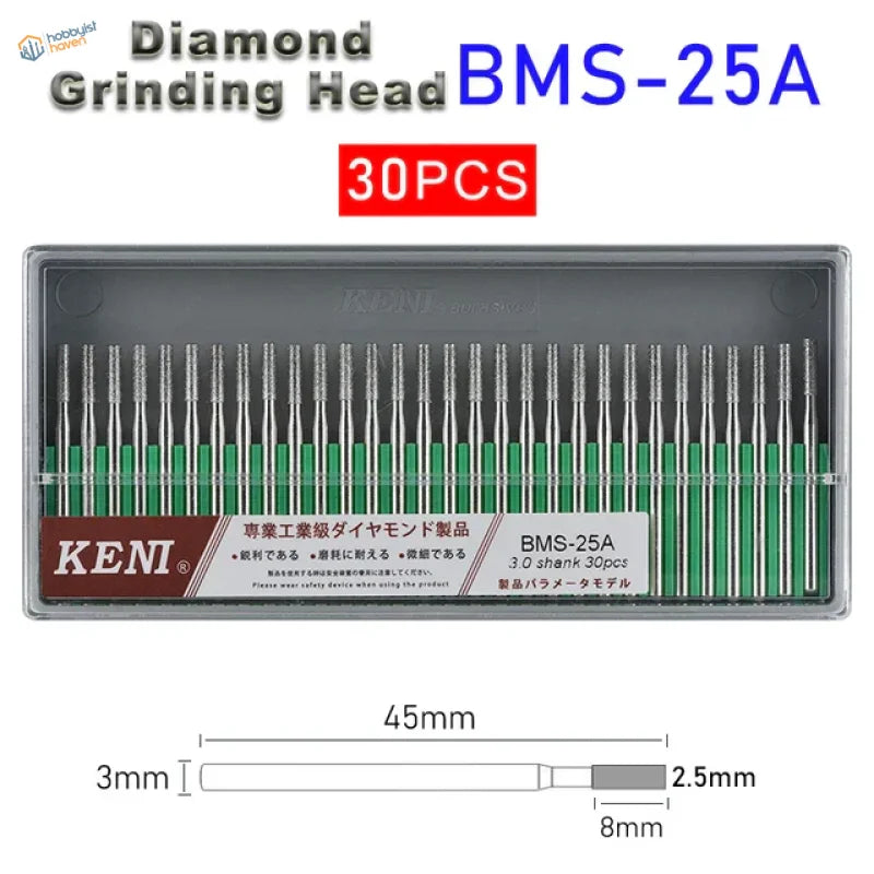 30Pcs 3mm shank diamond grinding heads BMS-25A by Keni
