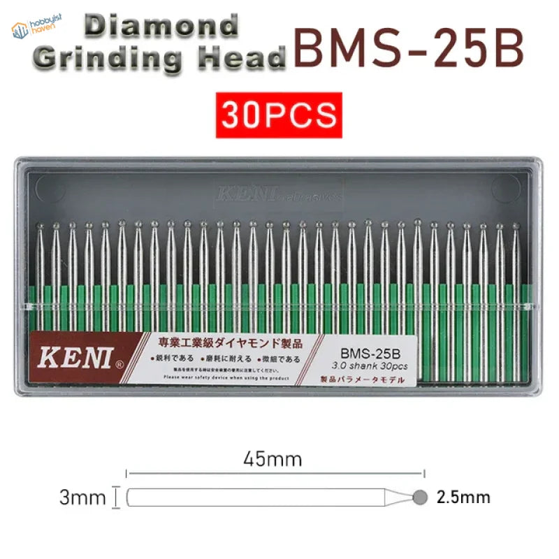 30pcs 3mm shank silver-tipped diamond grinding heads with green handles, BMS-25B