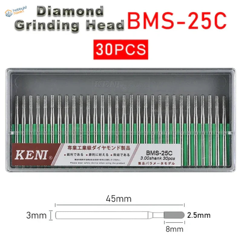 30pcs 3mm shank Keni BMS-25C diamond grinding heads with green ceramic tips