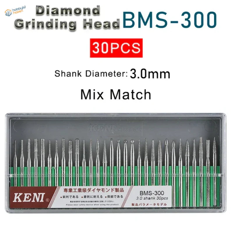 30Pcs 3mm shank diamond grinding heads in clear case, 24 models