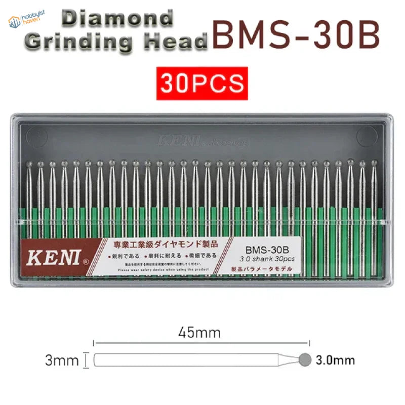 30Pcs 3mm shank diamond grinding heads BMS-30B by Keni, green silver finish