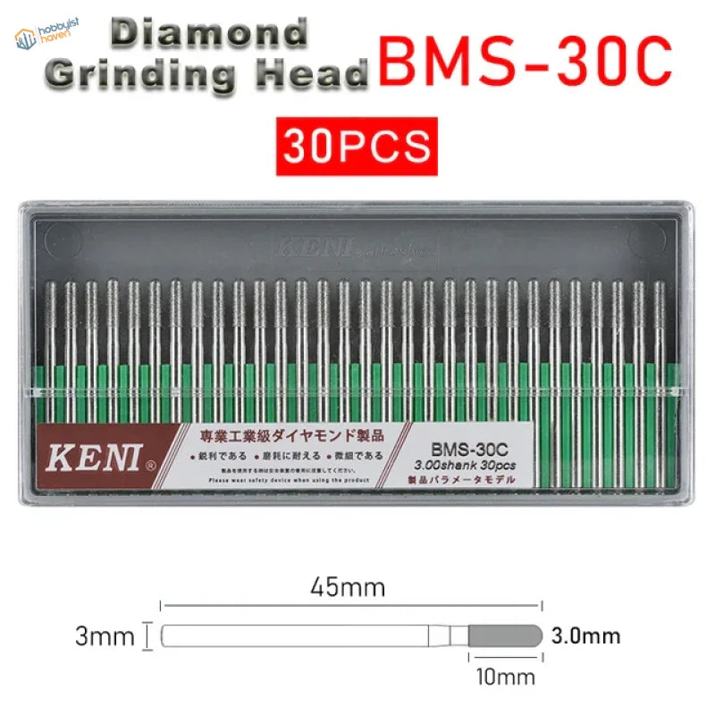 30 diamond grinding heads in clear case, 3mm shank, green-tipped
