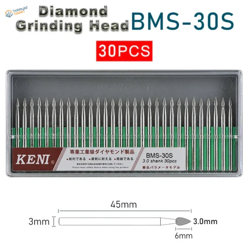 30Pcs 3mm shank diamond grinding heads BMS-30S by Keni, 24 models