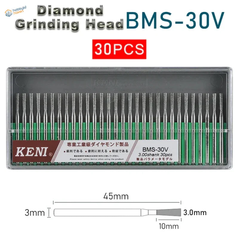 30Pcs 3mm shank diamond grinding heads BMS-30V by Keni, 24 models