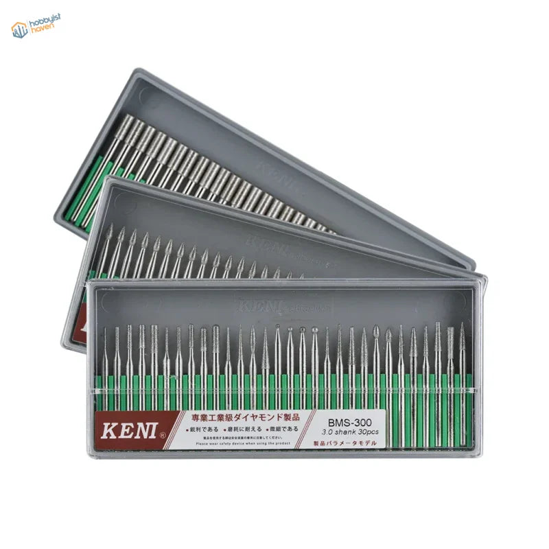 30Pcs 3mm shank diamond grinding heads set in case with green handles