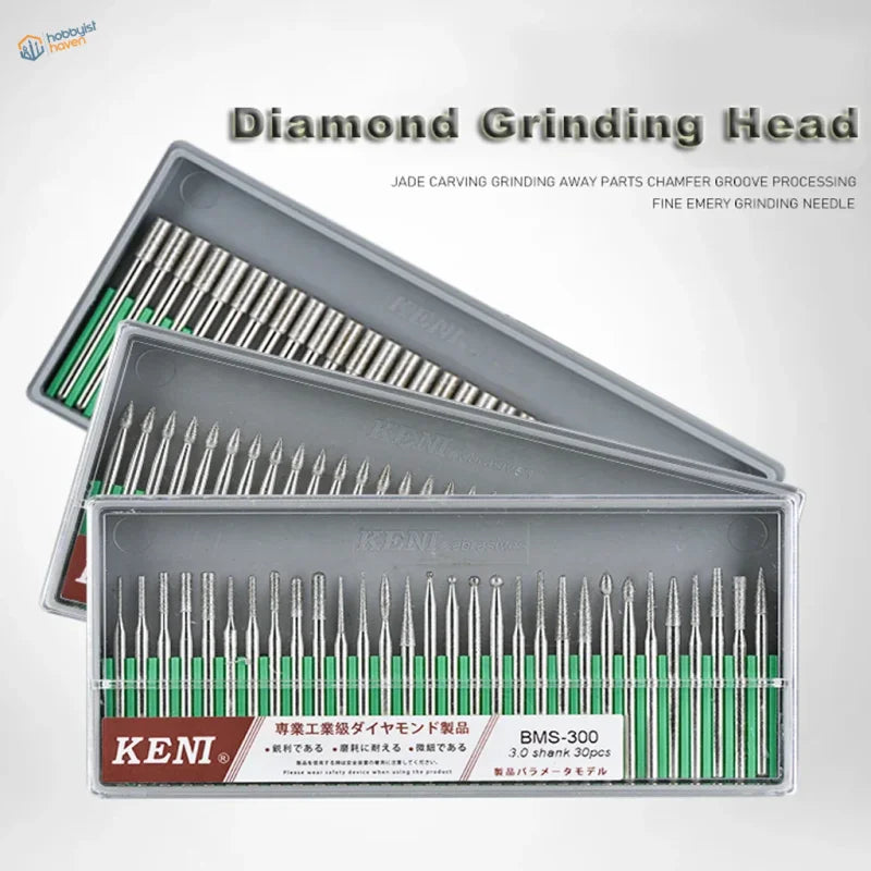 30Pcs Keni BMS-300 3mm shank diamond grinding heads in trays