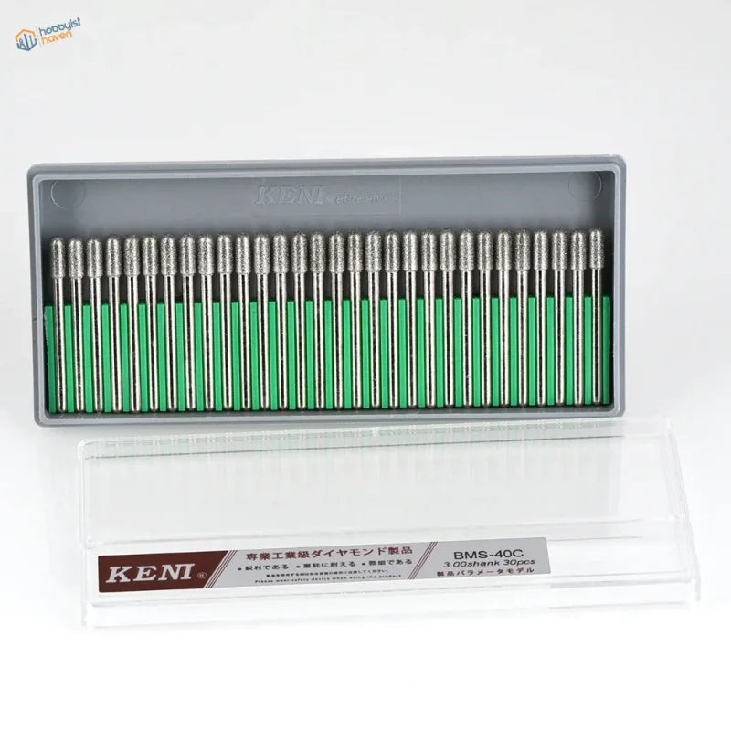 30pcs 3mm shank diamond grinding heads in gray case with green handles
