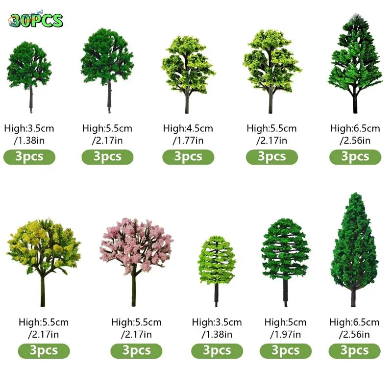 30pcs assorted model trees in green pink shades for railroad scenery