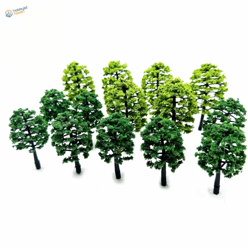 30pcs assorted model trees: green plastic minis with black trunks for railroad scenery