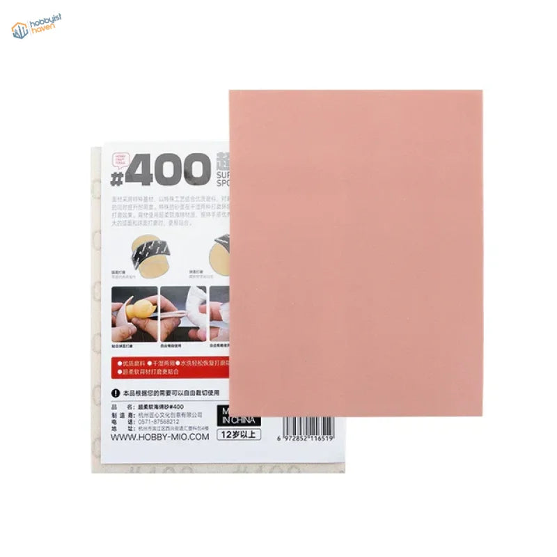 Back of 320-2000 sanding sponge by Hobby Mio: peach sandpaper sheet