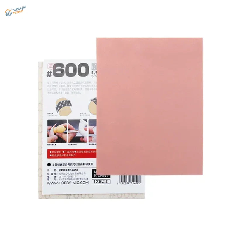 Back of Hobby Mio 320-2000 sanding sponge: pink #600 sandpaper sheet with white label