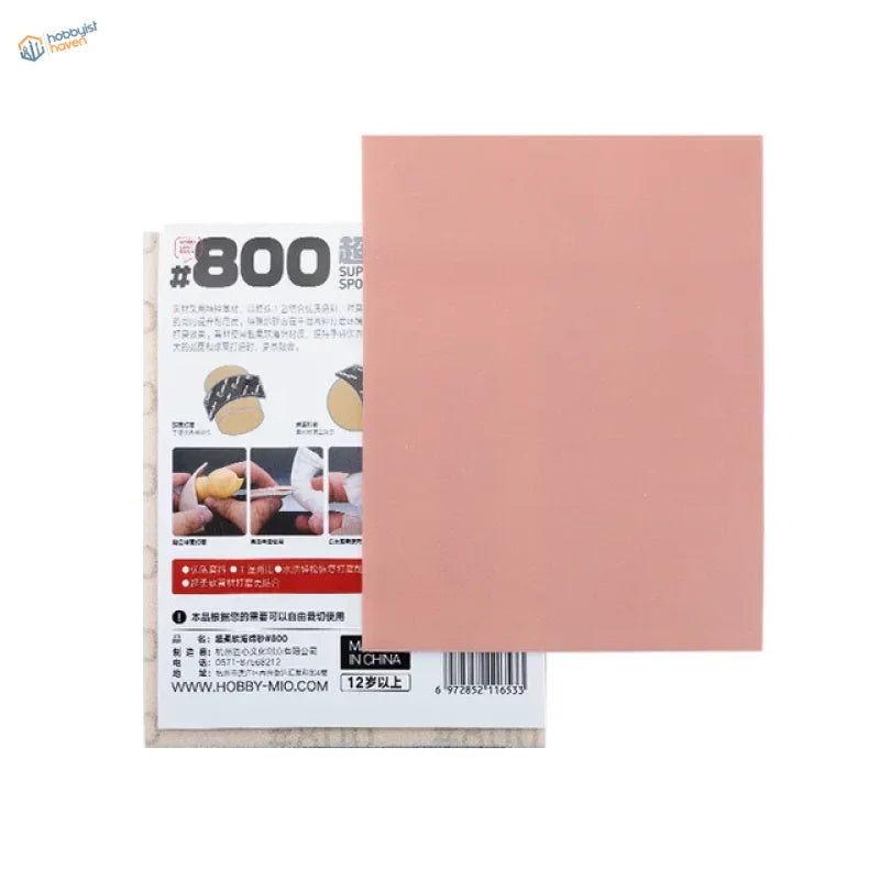 Back of Hobby Mio 320-2000 sanding sponge: peach #800 super fine sandpaper sheet