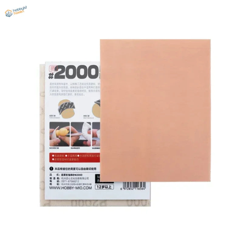 Back of Hobby Mio 320-2000 sanding sponge: #2000 grit peach sheet with label