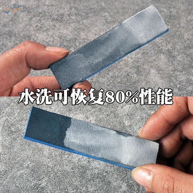Blue-edged #320~5000 sanding sponge with gray textured surface to achieve flawless results