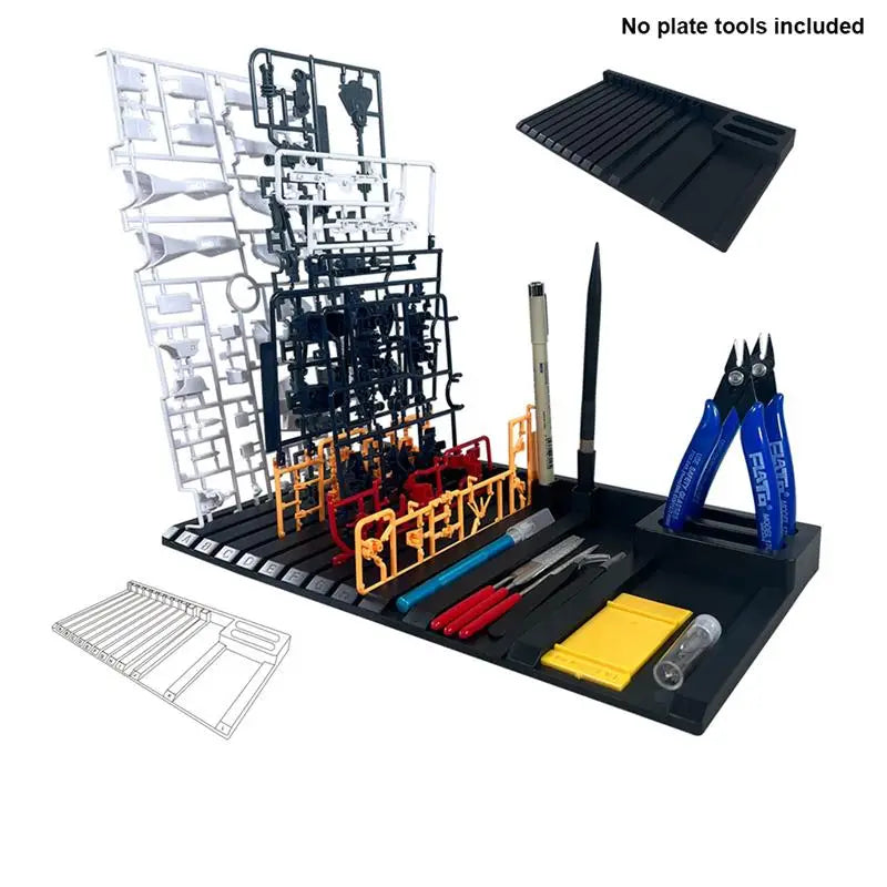 Black multifunctional sprues holders station with organized scale modeling tools