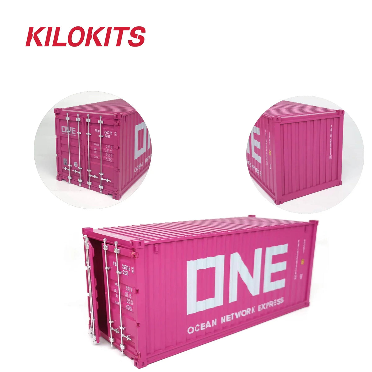 A vibrant pink 1/35 20ft shipping container model kit with white one ocean network express branding and metallic latches for precision hobby tools