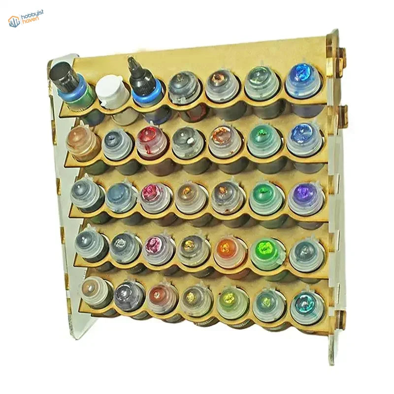35 slots paint storage rack with gold acrylic organizer holding colorful paint bottles