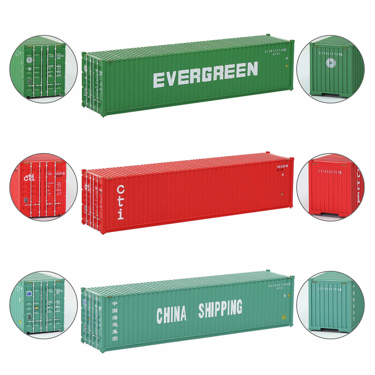HO scale train model shipping containers in green, red, teal