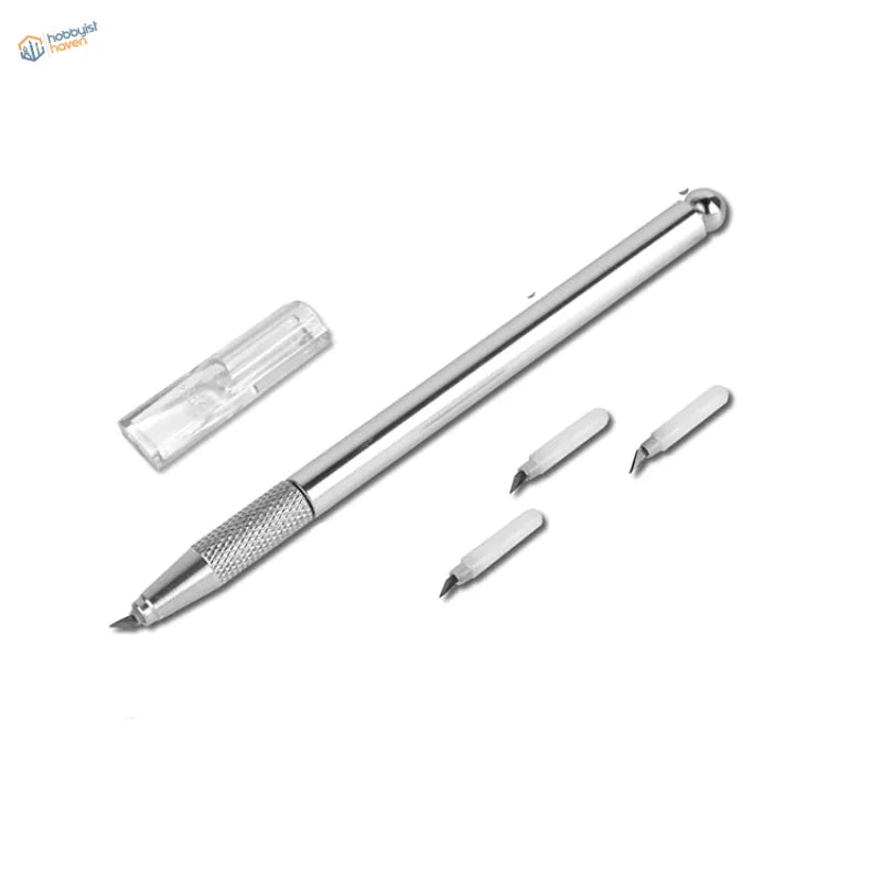Silver 360 degree rotating blade pen knife with textured grip