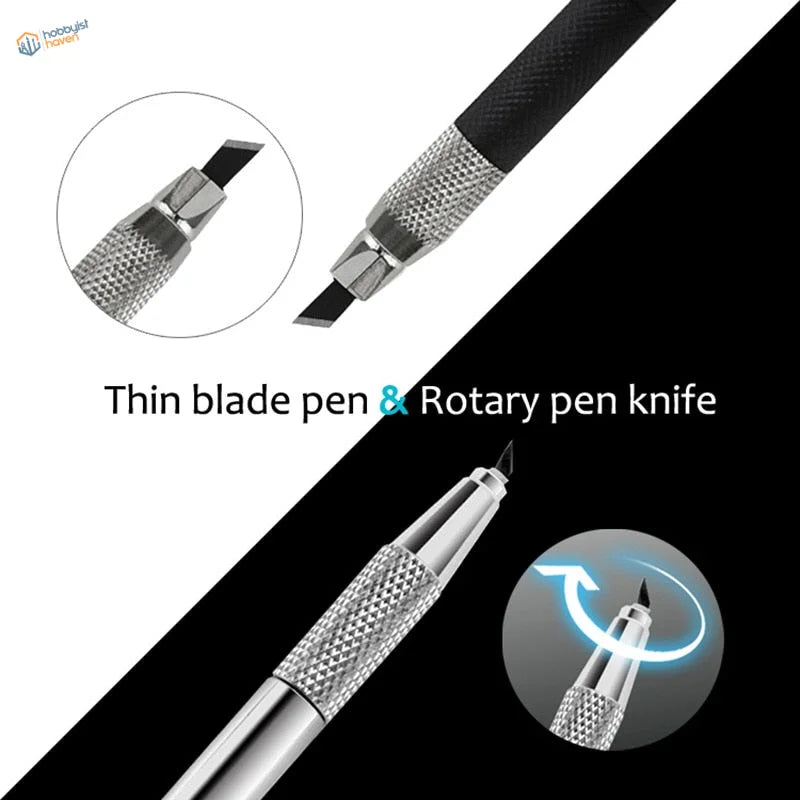 Silver 360 degree rotating blade pen knife with textured grip