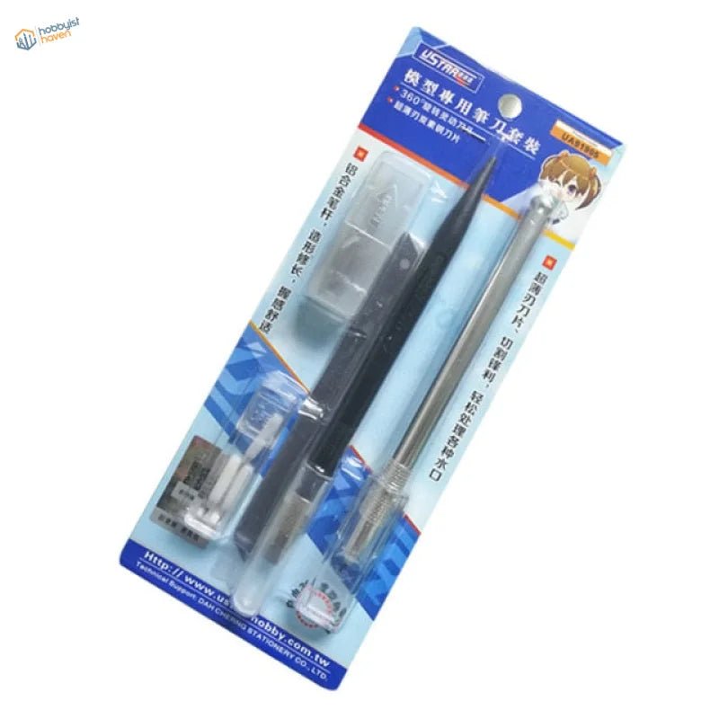 Black and silver 360 degree rotating blade pen knife tool set in branded package