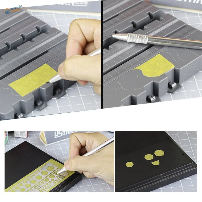 Gray plastic cutting mat with yellow stencils and rotating blade pen knife