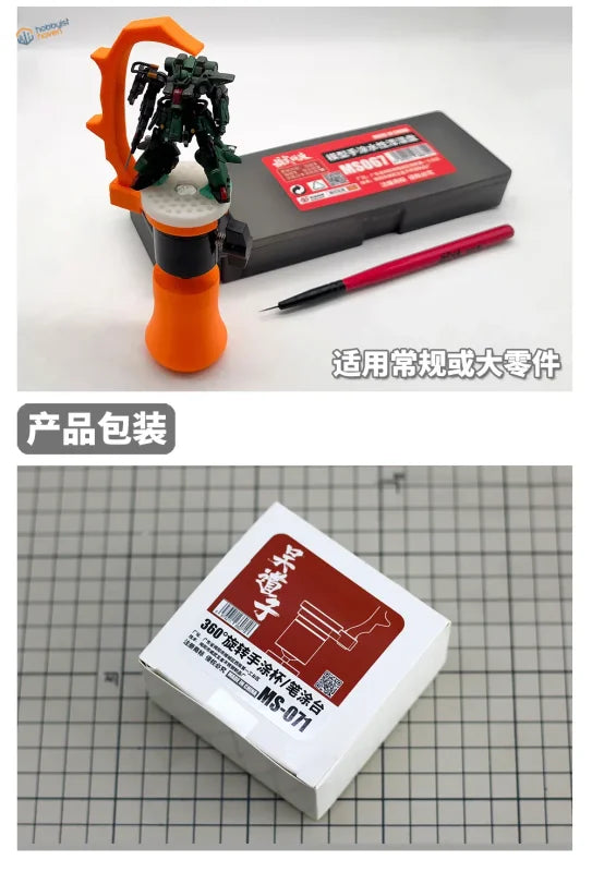 360° rotating handle for figure painting with orange stand holding green black model