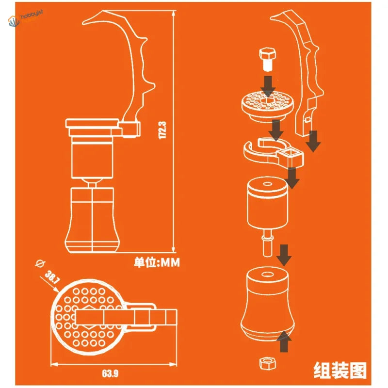 Orange diagram of 360° rotating handle assembly for figure painting with dimensions