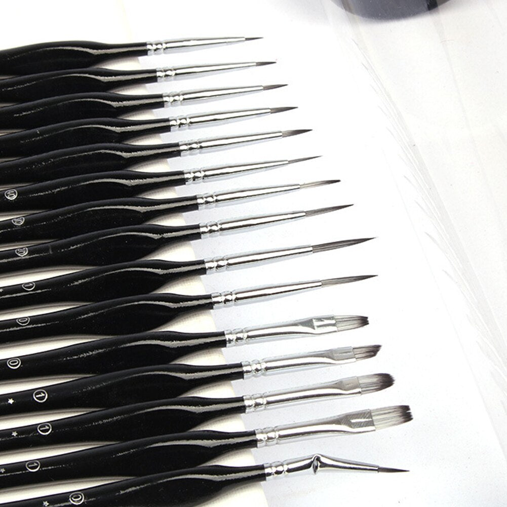 15pcs precision brush set with black handles and silver ferrules