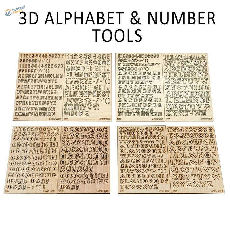 Set of six light brown wooden 3D letters and numbers scale modeling tools