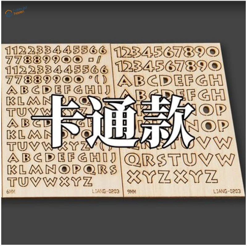 Light brown wooden 3D letters numbers template for dioramas scale modeling tools