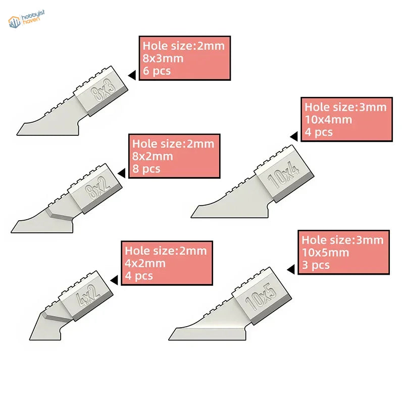 Set of 5 printed bevel sanding heads with labeled metallic blades