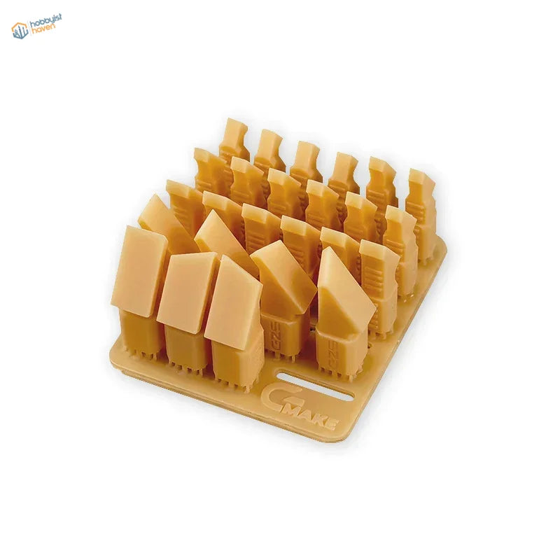 Yellow 3D printed bevel sanding heads with angled tool slots