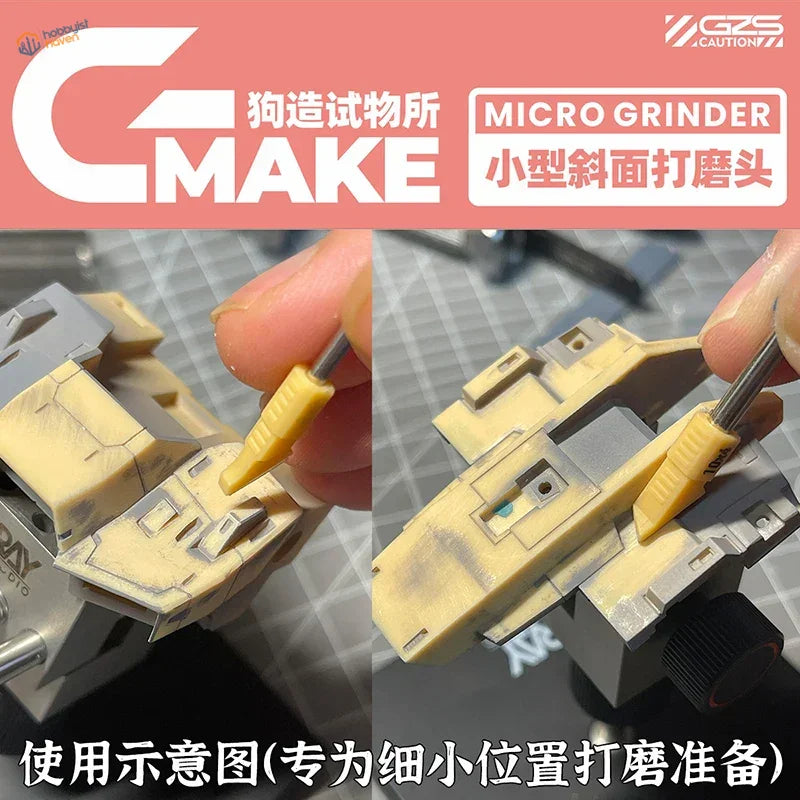 Yellow micro grinder bit on 3D-printed bevel sanding heads for model kits