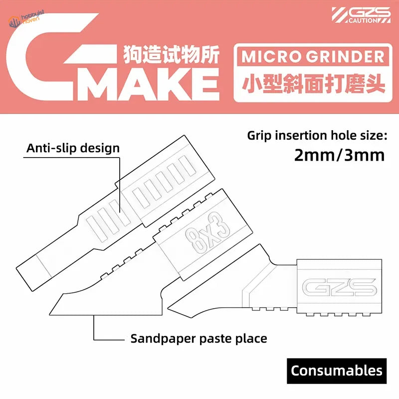 Gzs printed bevel sanding heads with 2mm/3mm grip hole, anti-slip