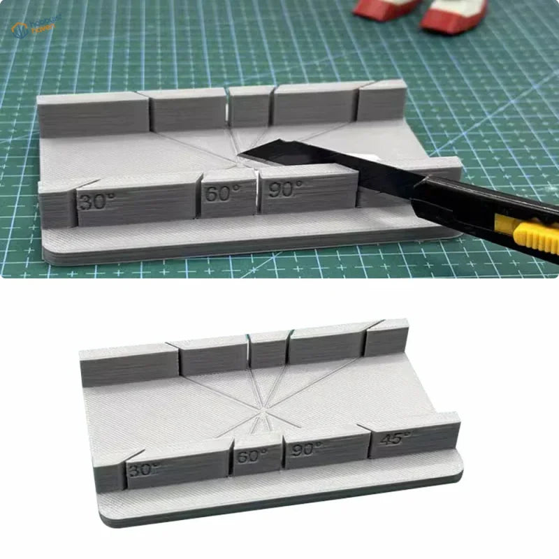 Gray 3D-printed cutting jig with engraved angle markings for precise cuts