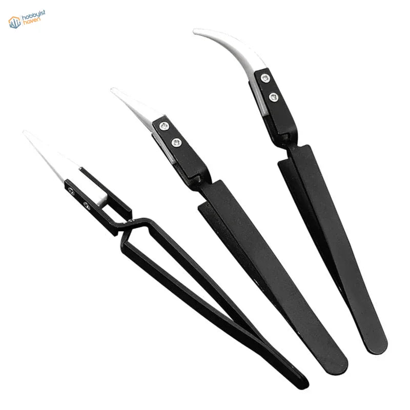 3pcs anti-static reverse tweezers with curved straight tips for delicate parts
