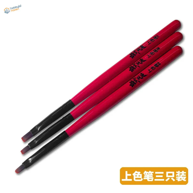 3pcs brush sets with vibrant red handles, black accents, fine tips, Chinese characters