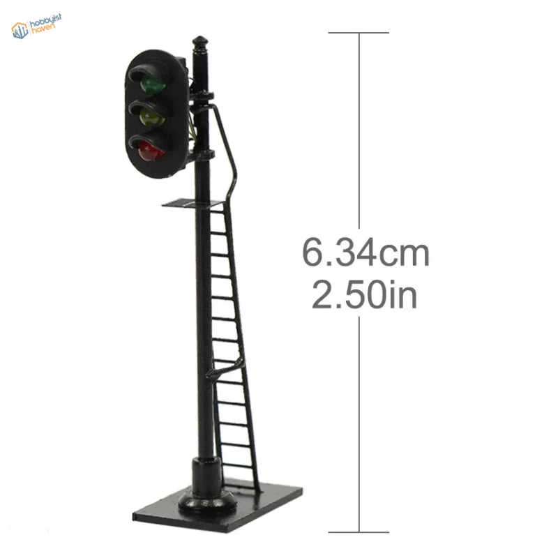 Black metal model railroad signal post with green yellow and red lights for ho scale railway block signals set