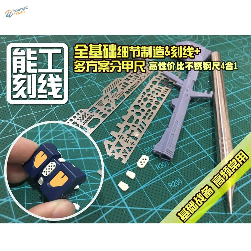 Blue and yellow 4-in-1 scribing templates for Gundam scale modeling panel lines