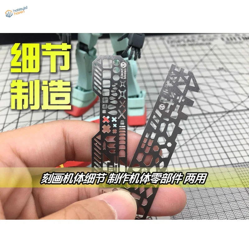Black metal laser-cut scribing templates for Gundam scale modeling panel lines