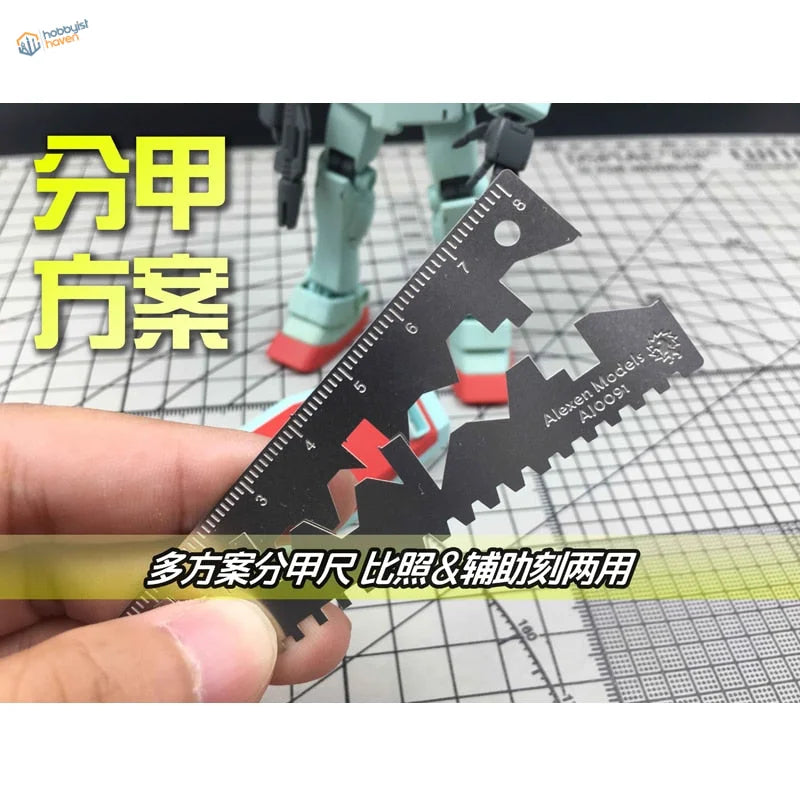 Black metal scribing templates with jagged gear cutouts for Gundam scale modeling