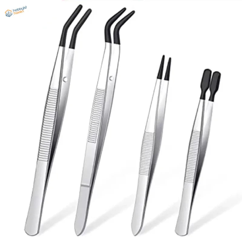 4 Tweezers With Rubber Tips Set: stainless steel precision tweezers