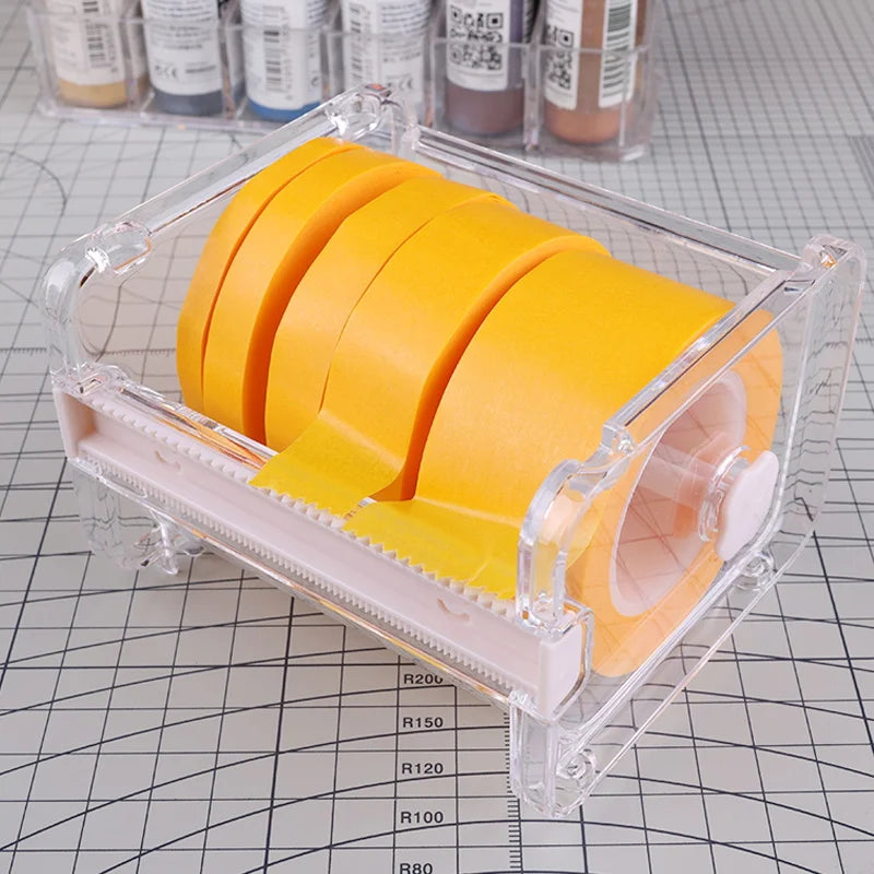 Clear plastic tape dispenser holding five bright yellow masking tape rolls for ustar masking tape dispenser set