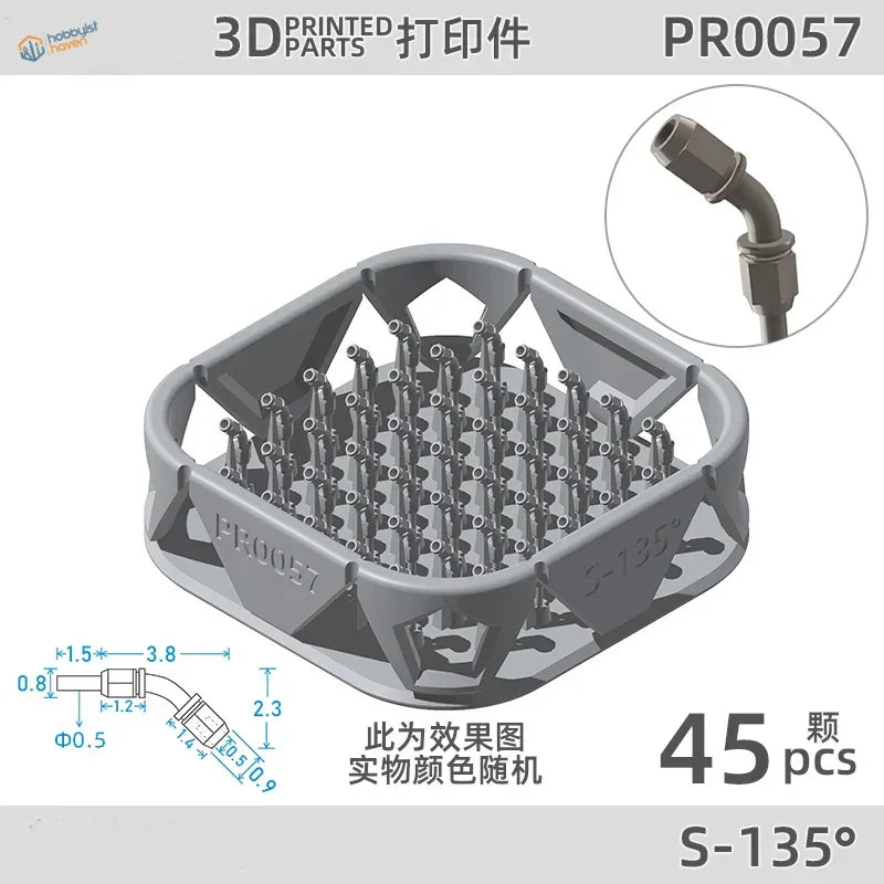45 gray 3D-printed hose joints model PR0057 in plastic tray