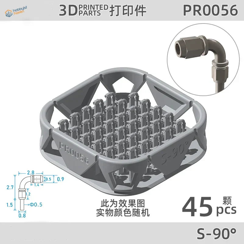 45pcs 3D-printed hose joints in gray plastic tray, model pr0056