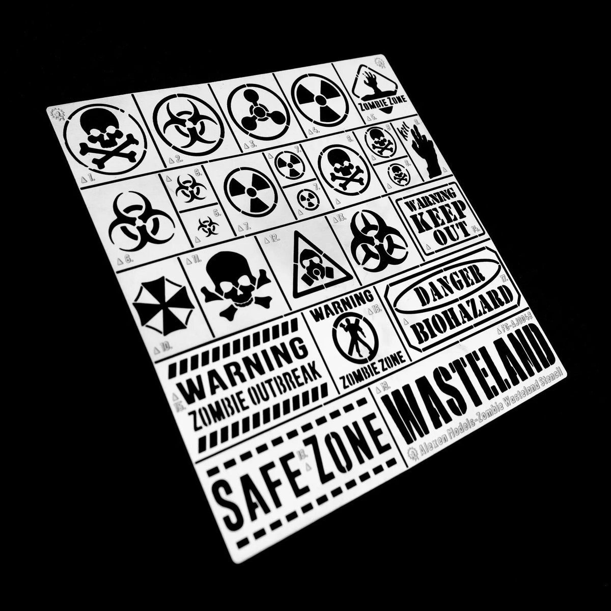 Zombie contamination stencil sheet for scale modeling tools
