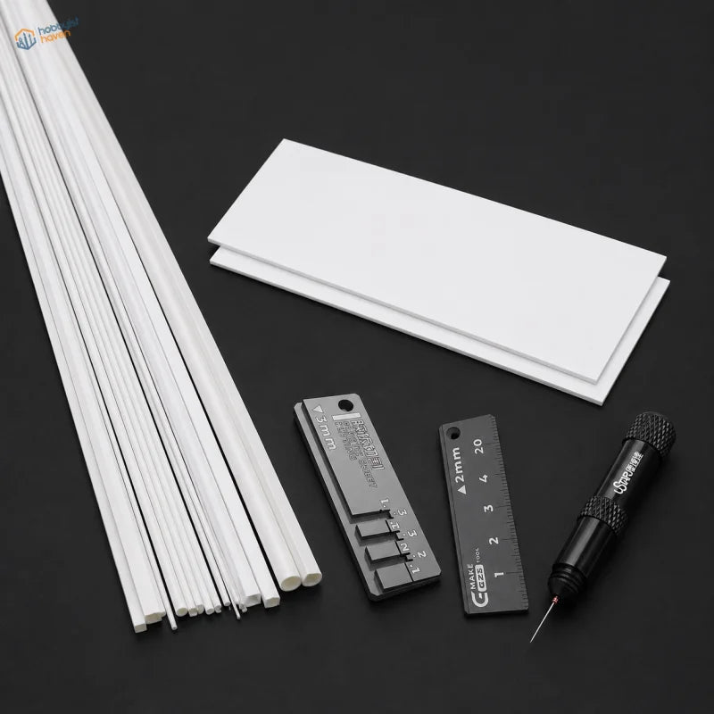 Black metal tool with textured grip and fine needle tip for precise use with 48pcs styrene round and square rods scale modeling