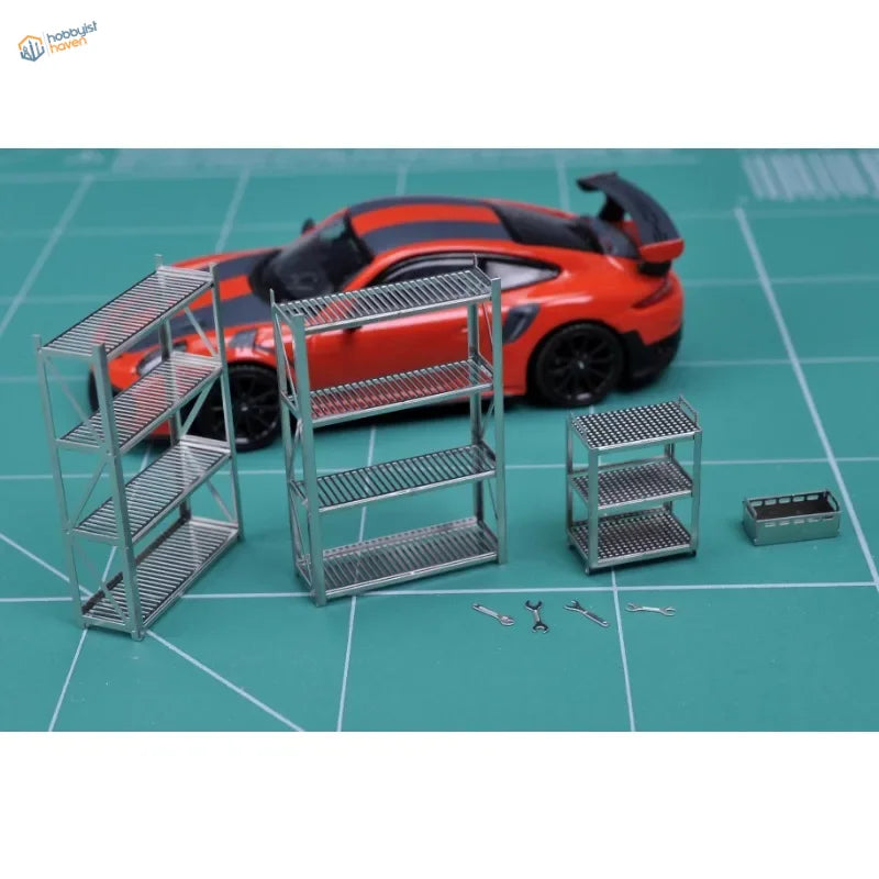 Silver 1/64 storage rack toolbox with metal grid shelves